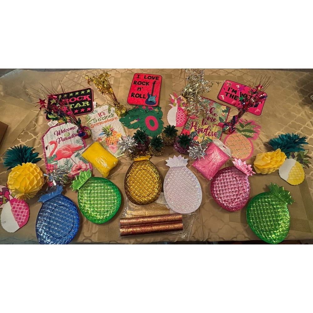 Huge Beach Tiki LUAU Decor, Honeycombs, Banners, Signs, Happy Birthday Party Lot